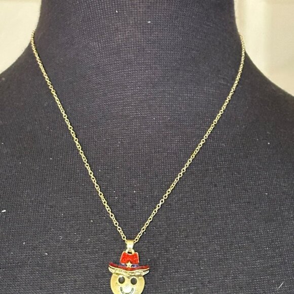 Faded Glory Gold Smiley Cowboy Emoji Necklace Earring Fashion Jewelry Set - Picture 1 of 10